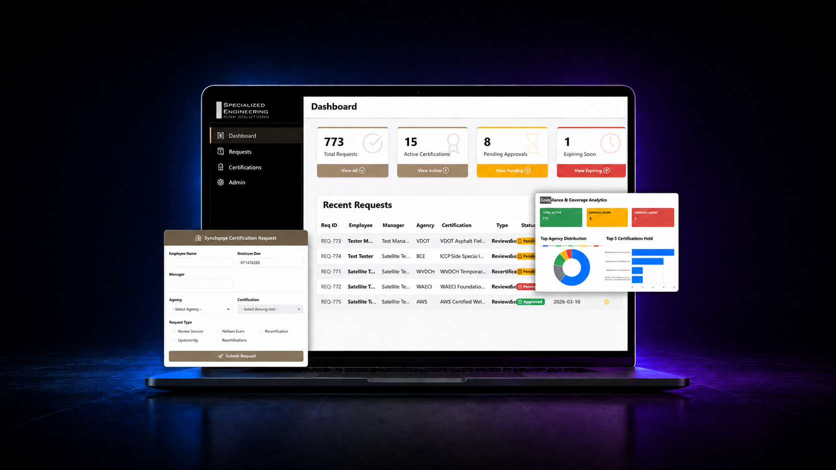 Specialized Engineering certification portal dashboard with request and analytics panels