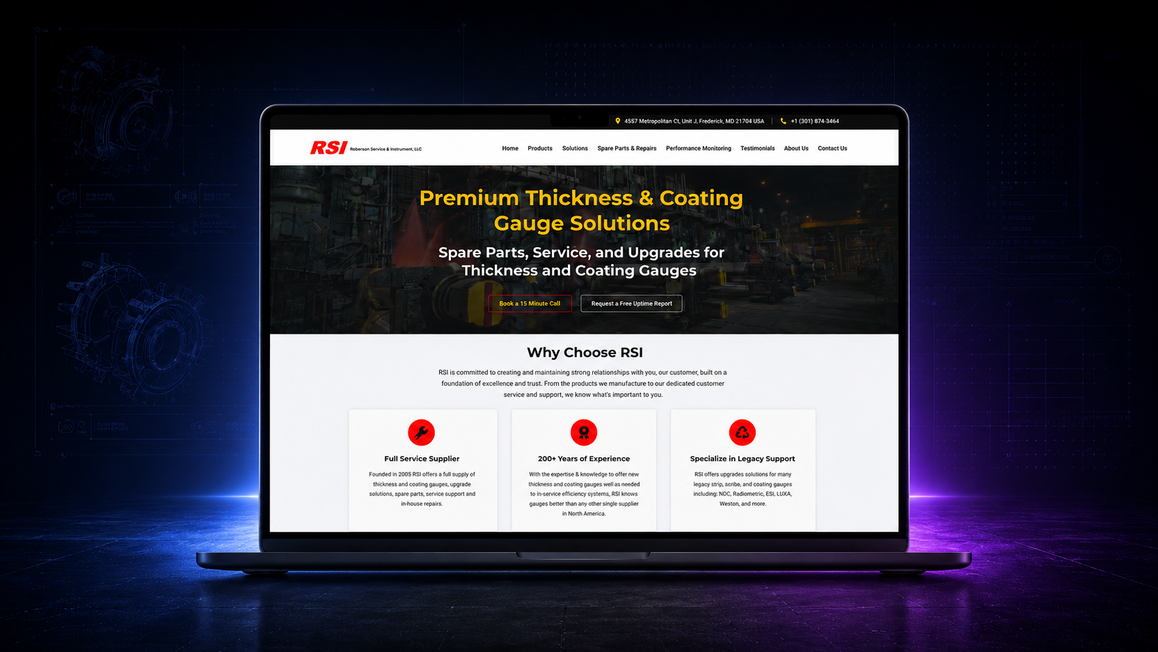 Radiometric Services & Instruments website displayed on a laptop over a dark technical blueprint backdrop